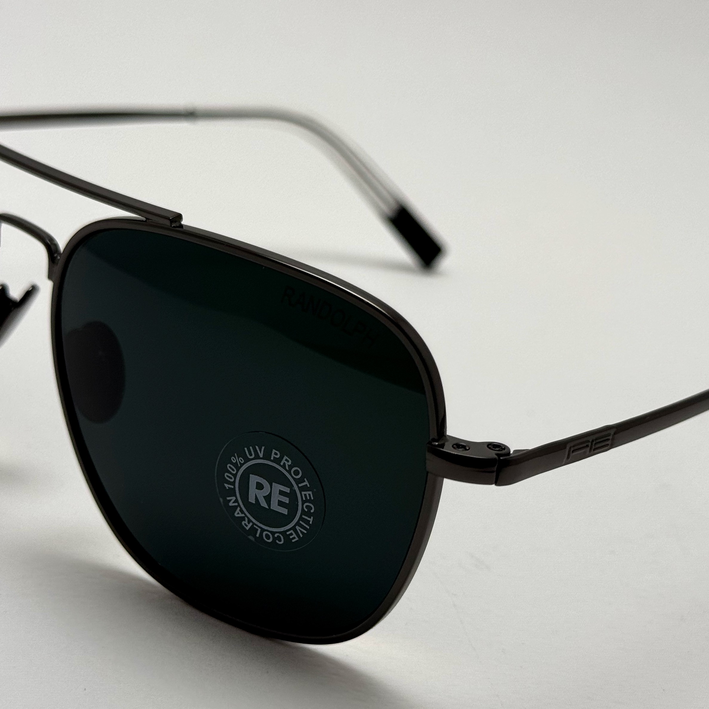 عینک آفتابی خلبانی رندولف شیشه سنگ آنتی رفلکس مشکی فریم نوک مدادی فول پک RANDOLPH AVIATOR RE 58 24K WHITE GOLD