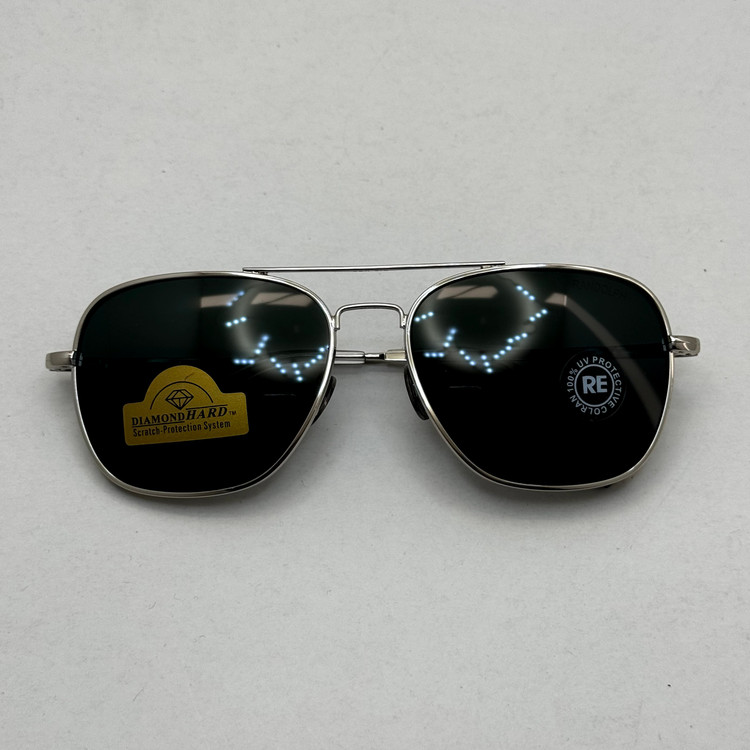 عینک آفتابی خلبانی رندولف شیشه سنگ آنتی رفلکس مشکی فریم نقره ای فول پک RANDOLPH AVIATOR RE 58 WHITE GOLD
