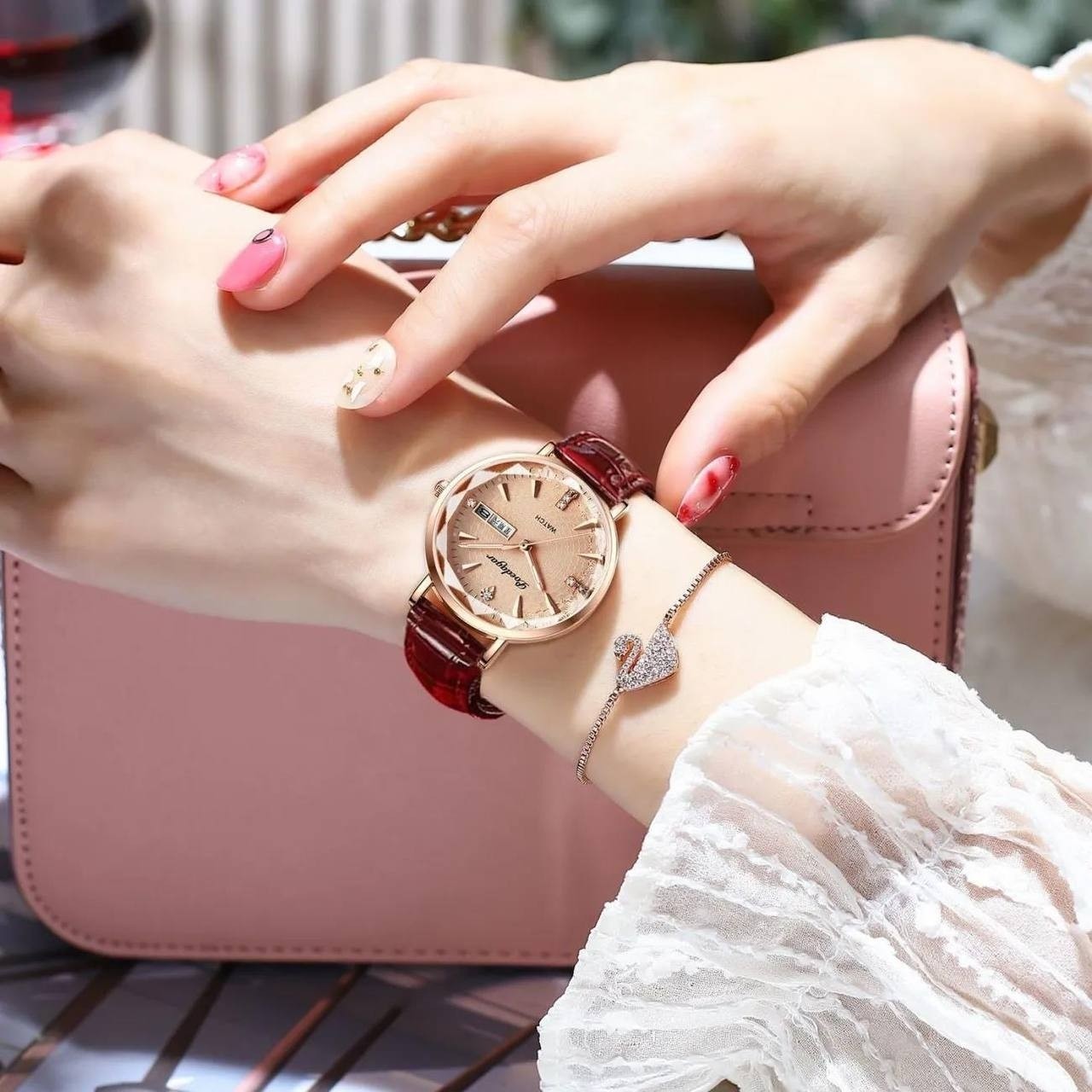 ساعت دخترانه بند چرمی پوداگار poedagar بند چری زرشکی ارسال رایگان