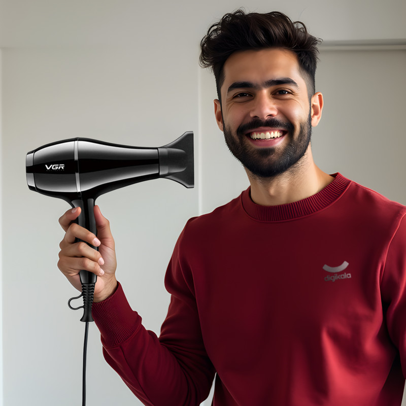 سشوار حرفهای 2200 وات وی جی ار مدل V-414، موتور AC، وزن 802 گرم، المنت سرامیک تورمالین، دارای سری متمرکزکننده باریک، متمرکزکننده پهن با ویژگی صافکنندگی، حجمدهندگی، با قابلیت تنظیم دما، فناوری تولید یون