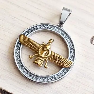 پلاک و آویز گردنبند استیل طرح حلقه و فروهر ضد حساسیت رنگ ثابت کد amp (پس کرایه)