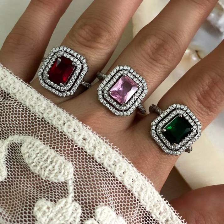 انگشتر جواهر مربعی دور نگین دار زنانه فری سایز freesize رنگ ثابت کد sm (پس کرایه)