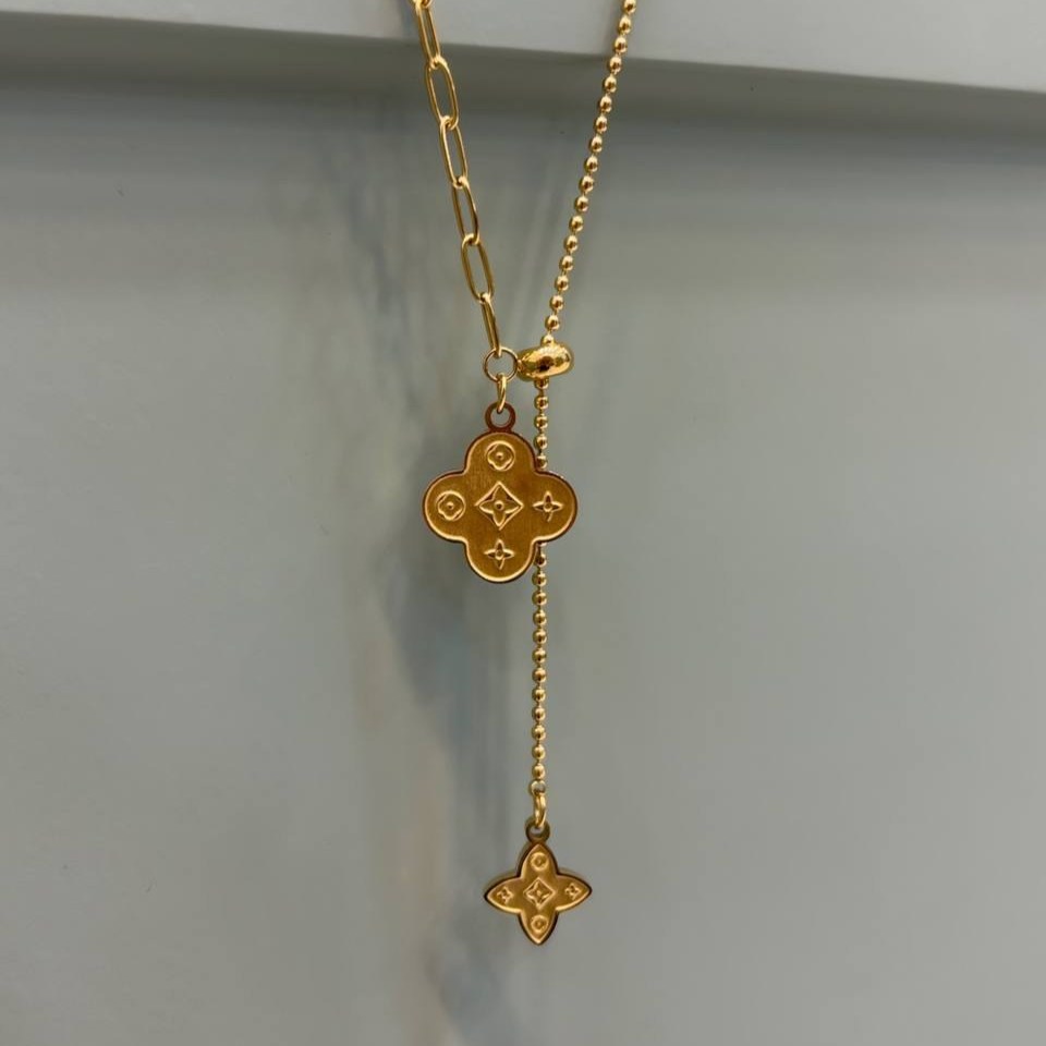 گردنبند و آویز پلاک استیل طرح گل ونکلیف vancleef مشکی سفید دو لاین تنوع طرح رنگ ثابت کد gy