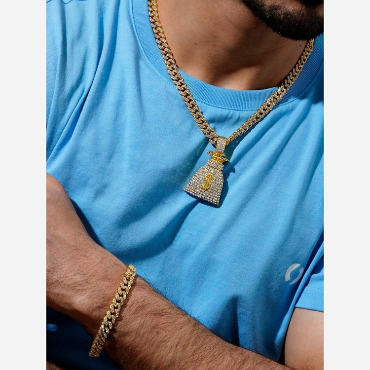 ست دستبند و گردنبند کارتیر فول نگین chain همراه پلاک آویز king کینگ وتاج پادشاه نگین کاری رنگ ثابت کد mp
