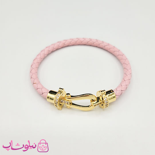 دستبند زنانه برند فرد Fred مدل چرم صورتی با قفل طلایی نگیندار استیل کیفیت مستر کد 680
