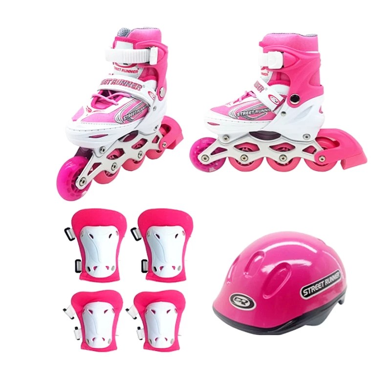 اسکیت استریت رانر  سایز 34 تا  37  همراه لوازم شامل کلاه زانو بند و..و در سه رنگ آبی صورتی و قرمز