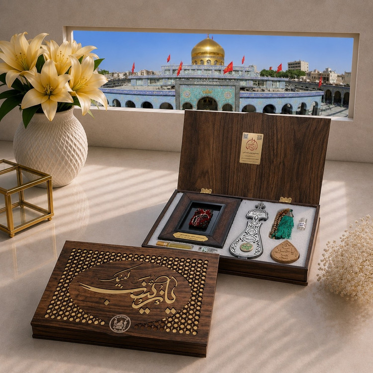 بسته فرهنگی سوغات کربلا ( عباس ابن علی )7 عنوان سنگ حرم و قاب فرش و عطر آب سرداب حرم حضرت عباس تسبیح مهر تربت کربلا