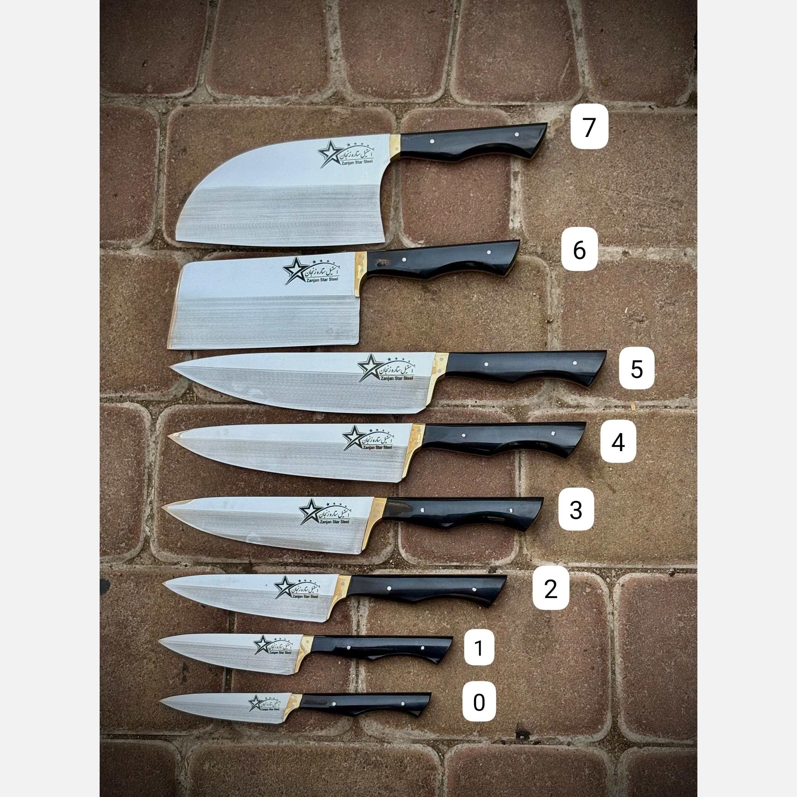 ست 8 پارچه چاقوی آشپزخانه و ساطور زنجان ستاره دسته فیبر