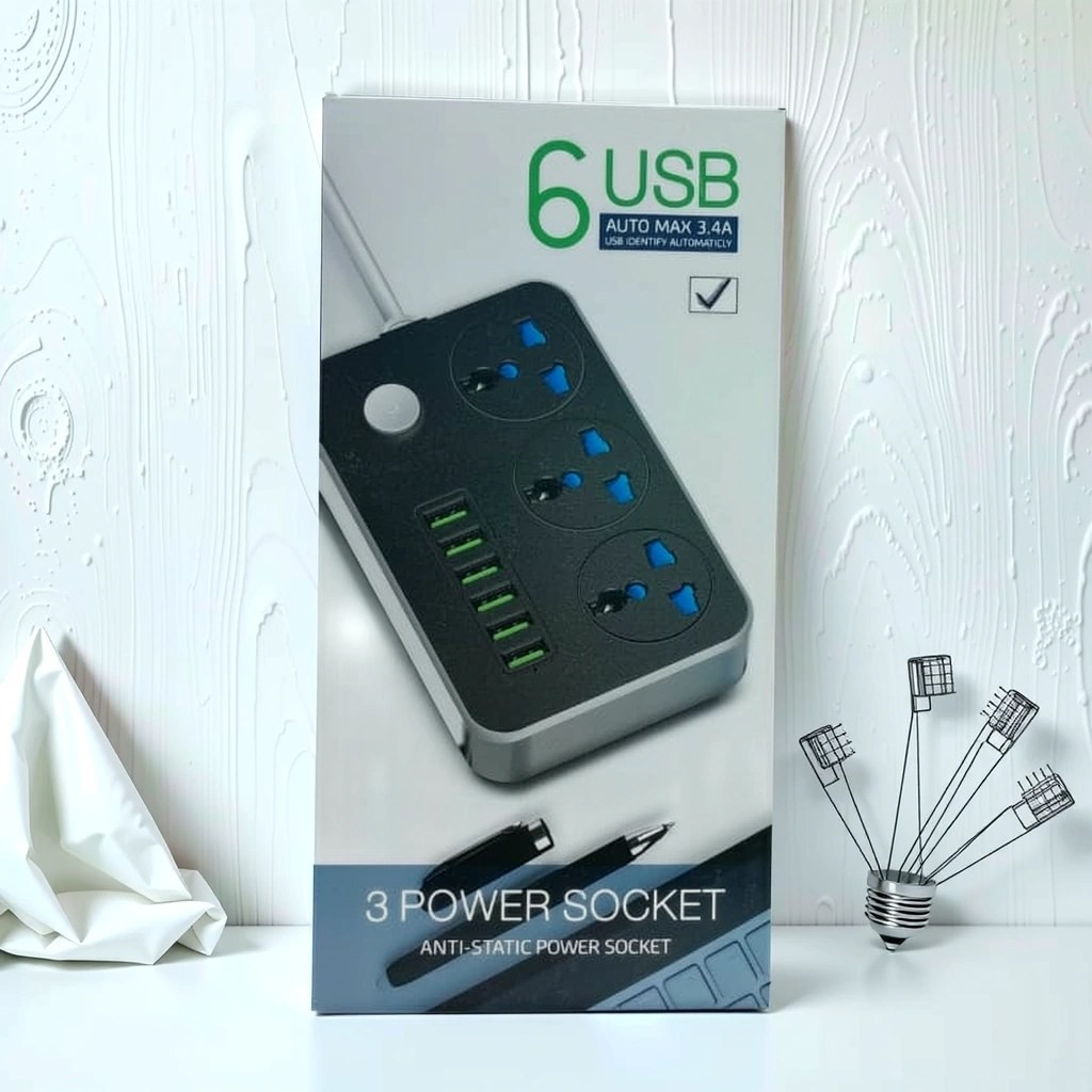 سه راهی برق با 6 usb و کابل دو متری